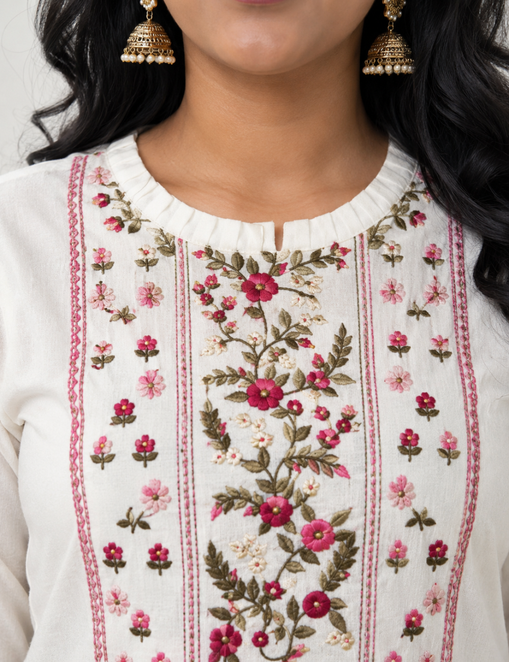 White Hand Embroidered Mul Cotton Kurti