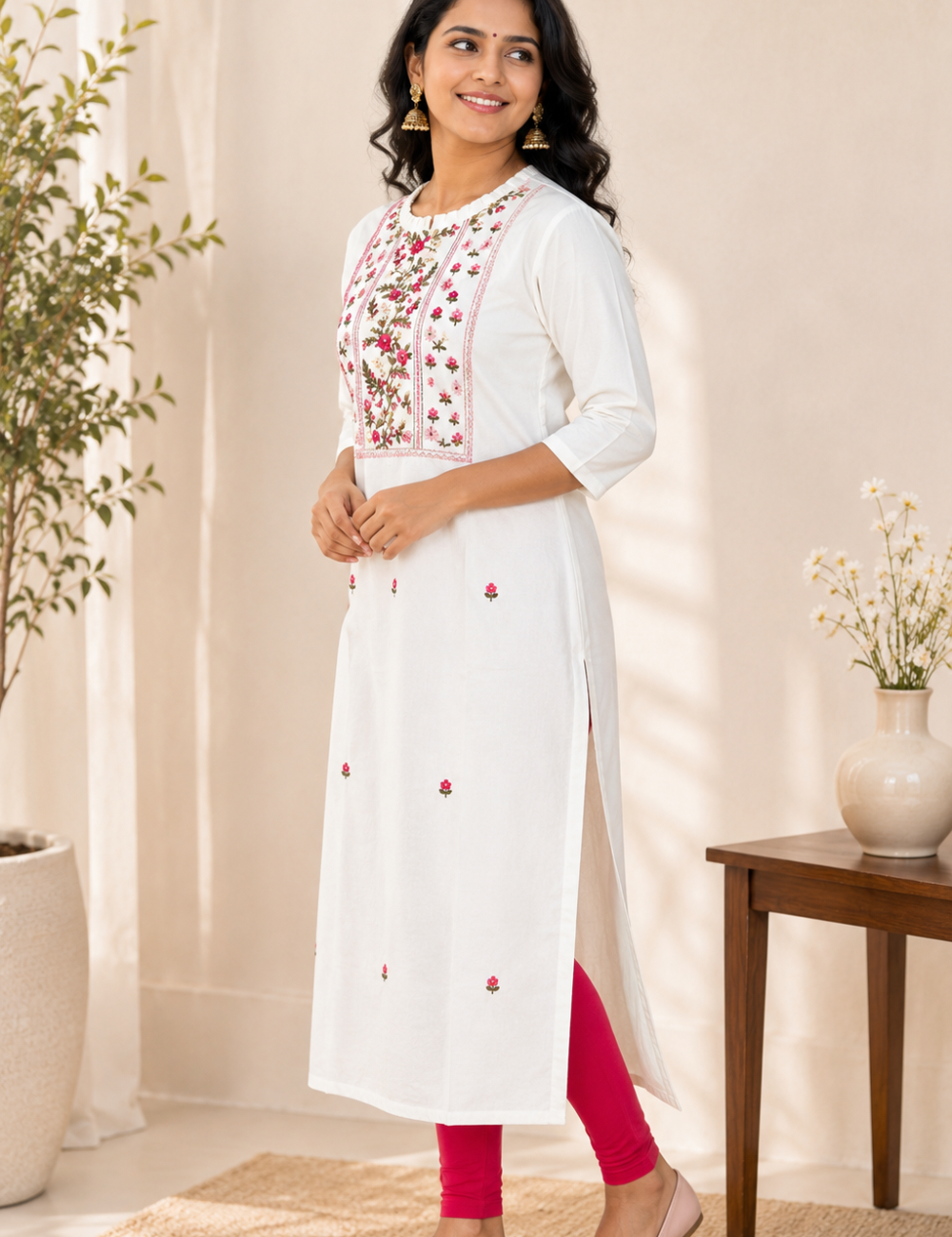 White Hand Embroidered Mul Cotton Kurti