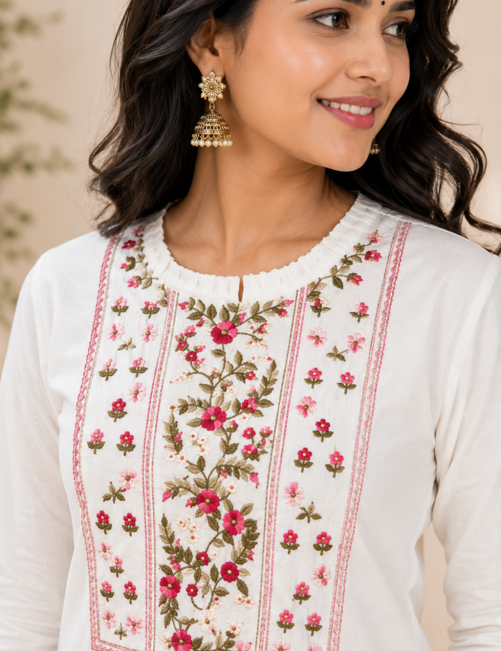 White Hand Embroidered Mul Cotton Kurti