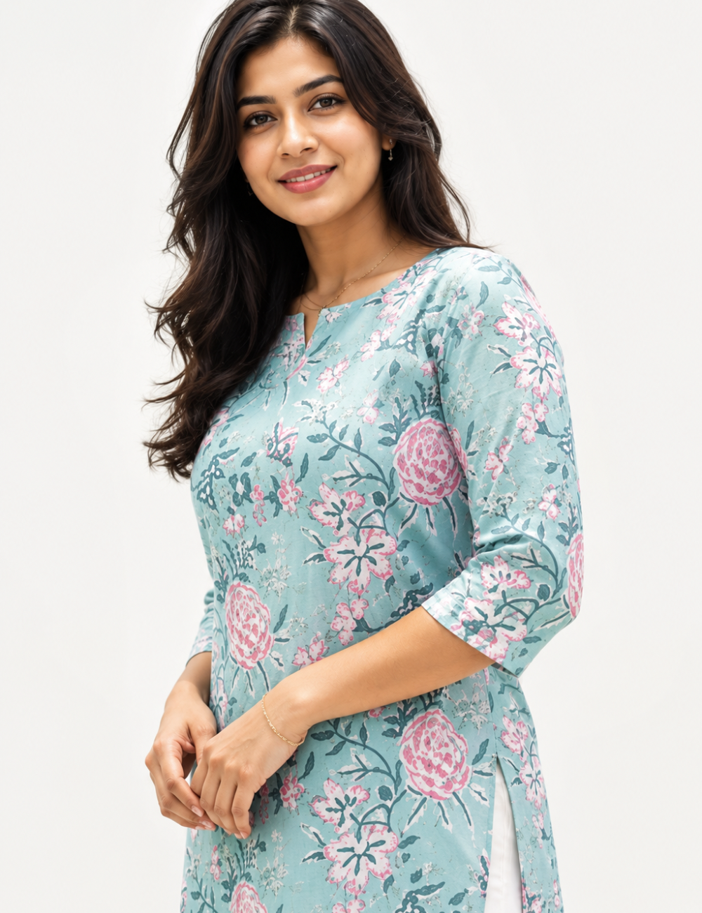 Light Blue With Pink Cotton Short Kurti