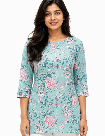 Light Blue With Pink Cotton Short Kurti
