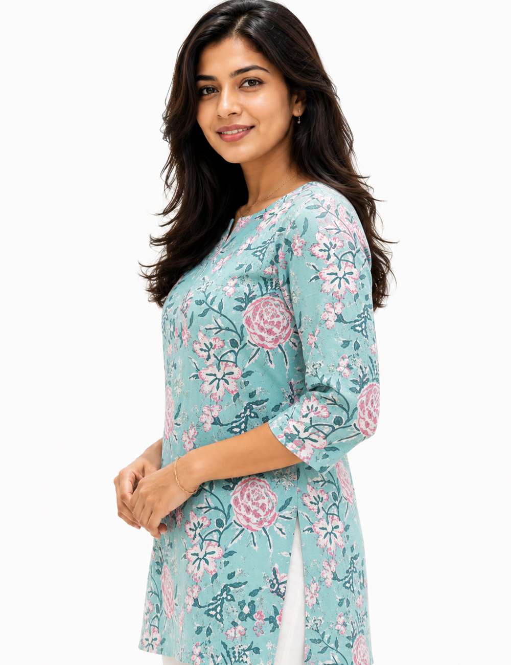Light Blue With Pink Cotton Short Kurti