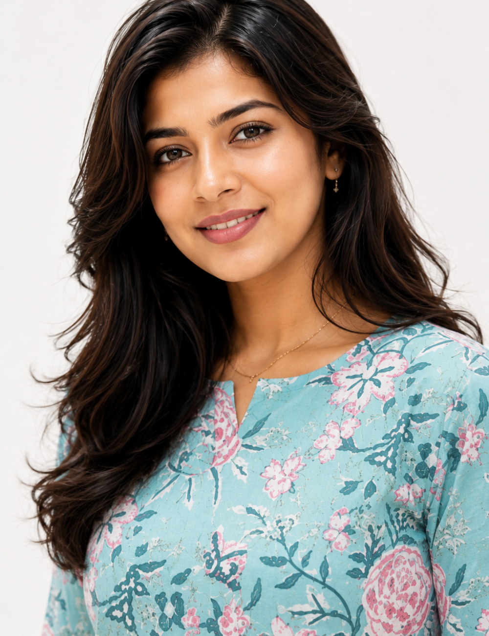 Light Blue With Pink Cotton Short Kurti