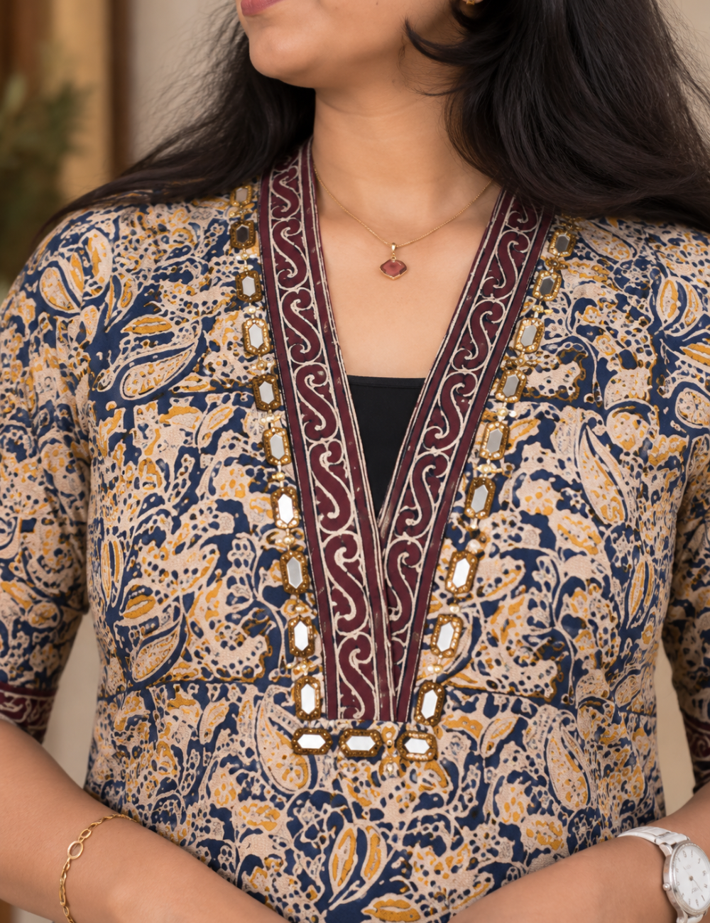 Cream kalamkari kurti with mirror work