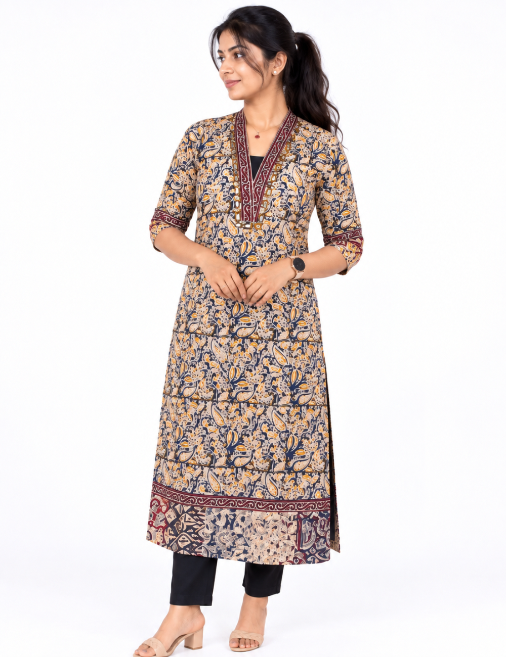 Cream kalamkari kurti with mirror work