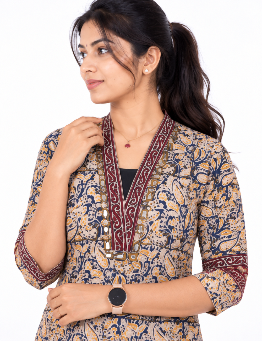Cream kalamkari kurti with mirror work
