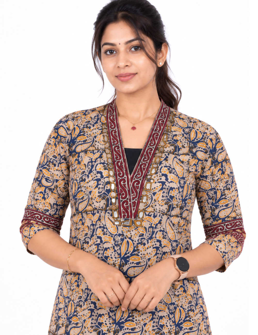 Cream kalamkari kurti with mirror work