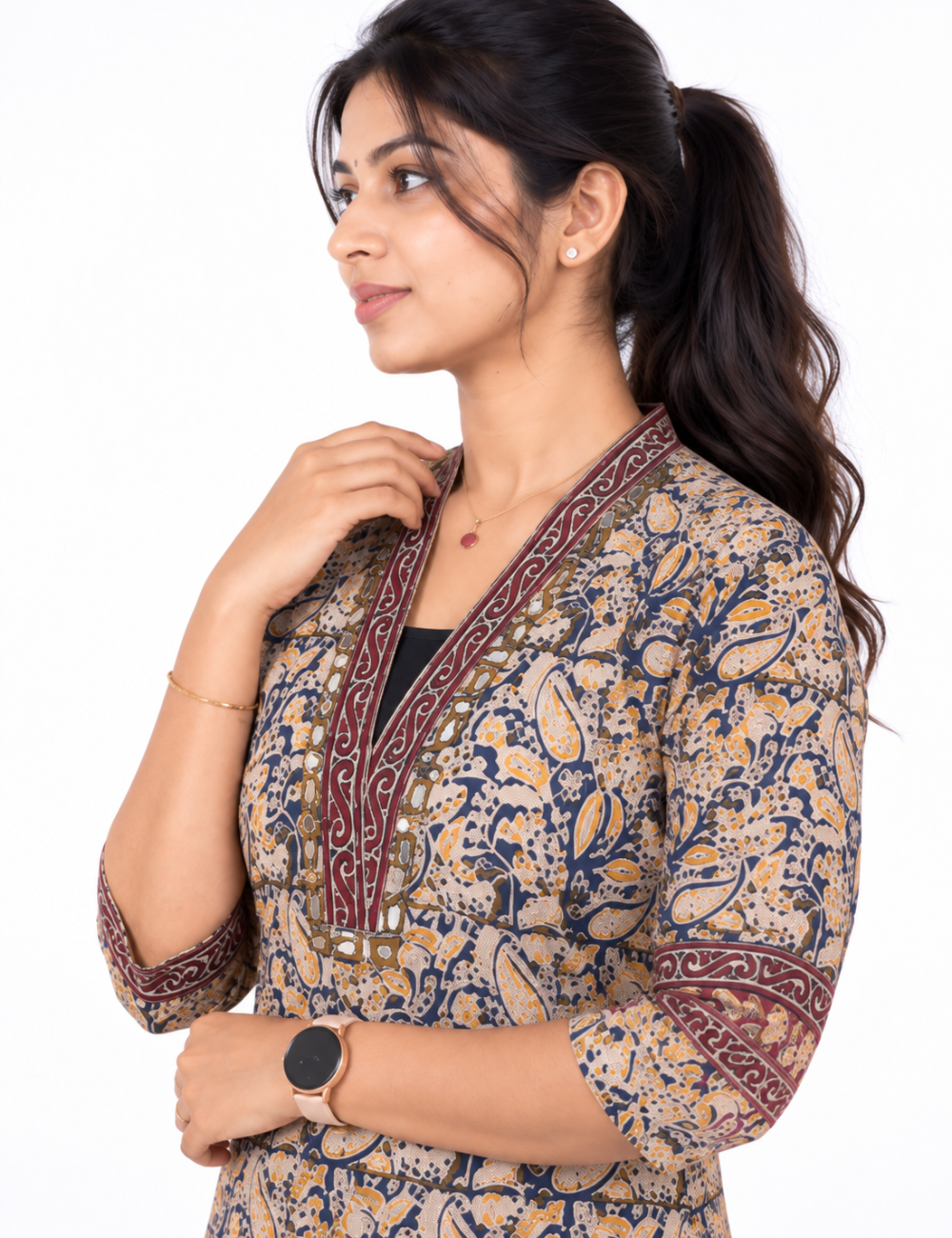 Cream kalamkari kurti with mirror work