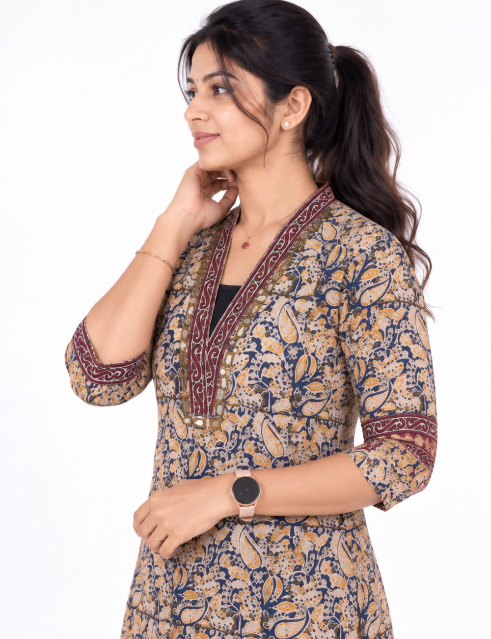 Cream kalamkari kurti with mirror work