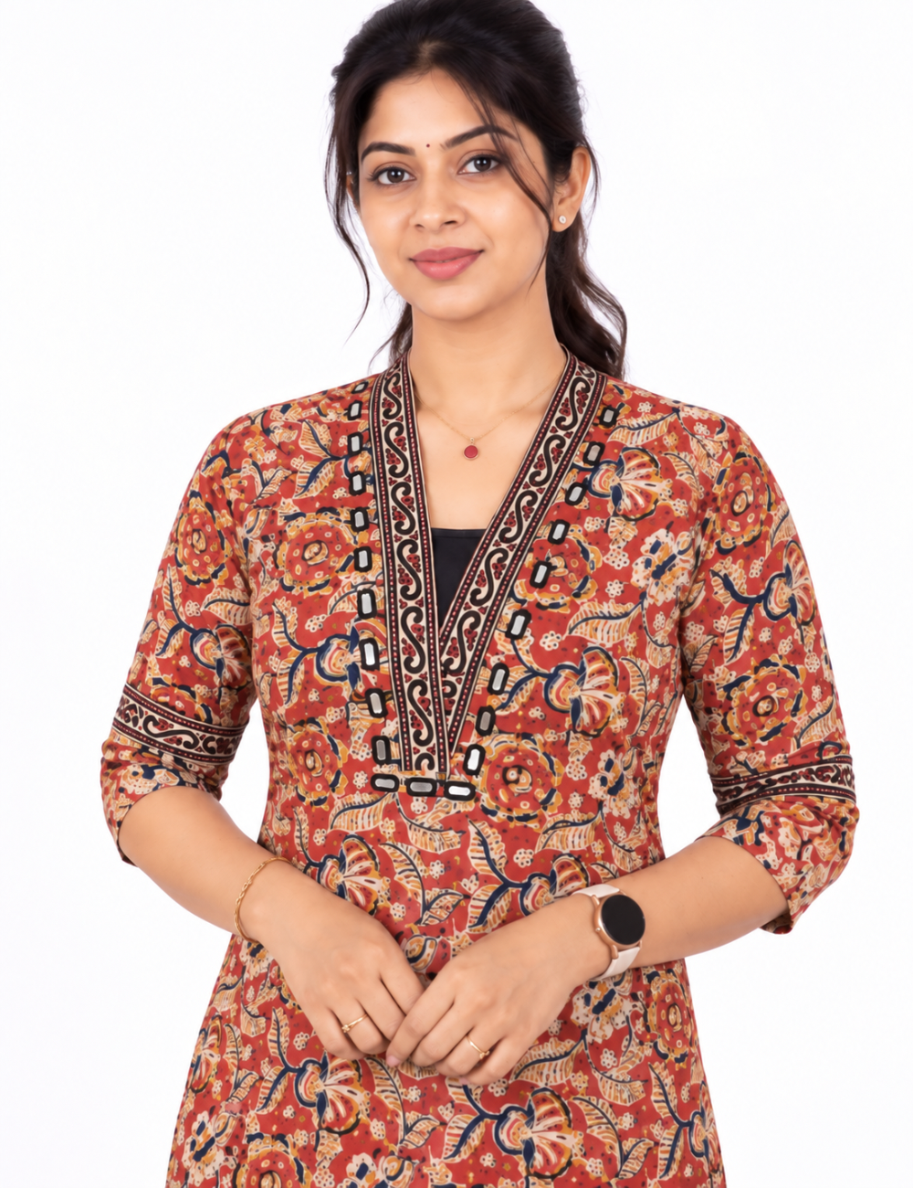 Red kalamkari kurti with mirror work