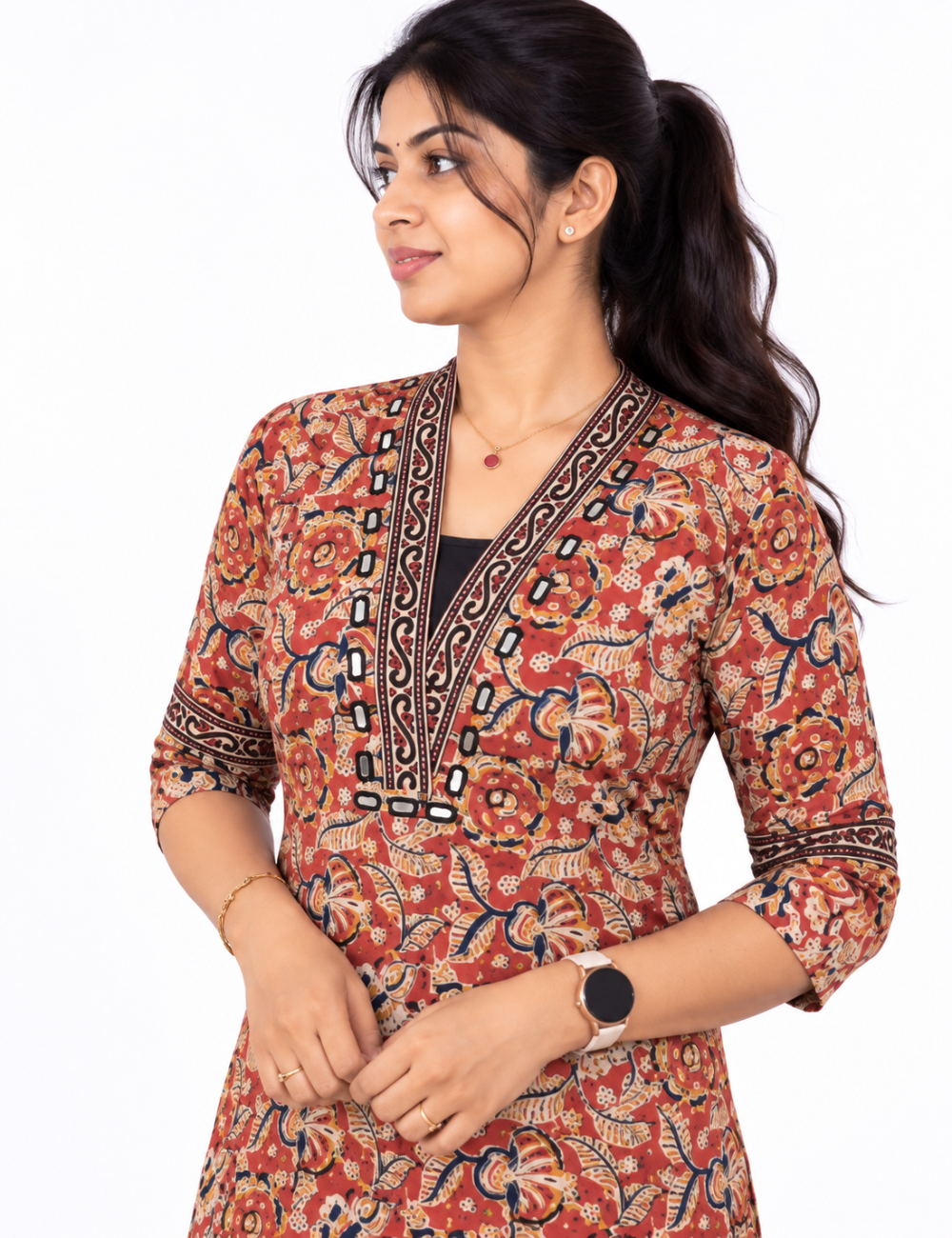 Red kalamkari kurti with mirror work