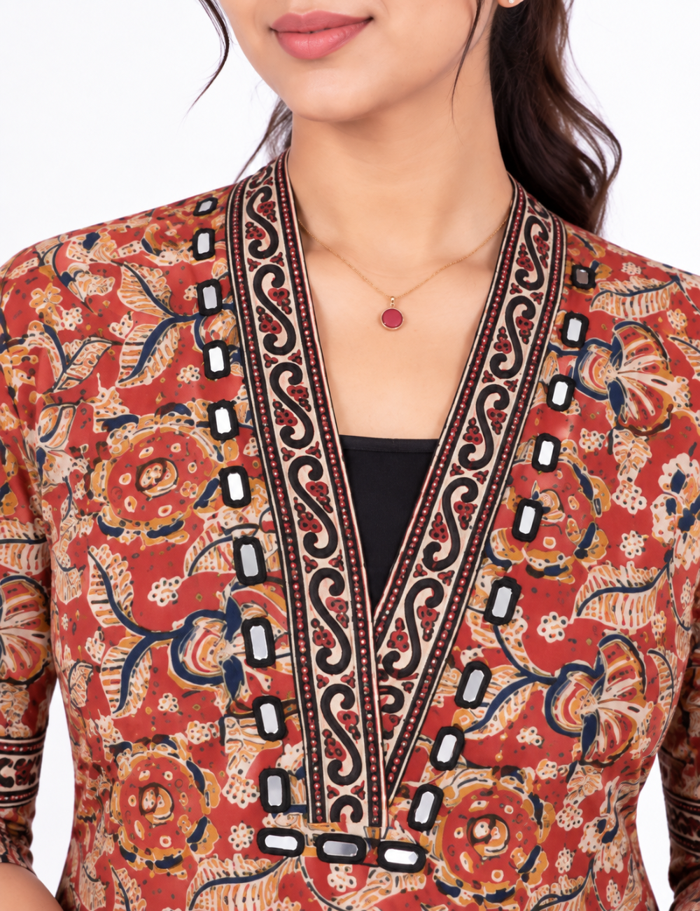 Red kalamkari kurti with mirror work