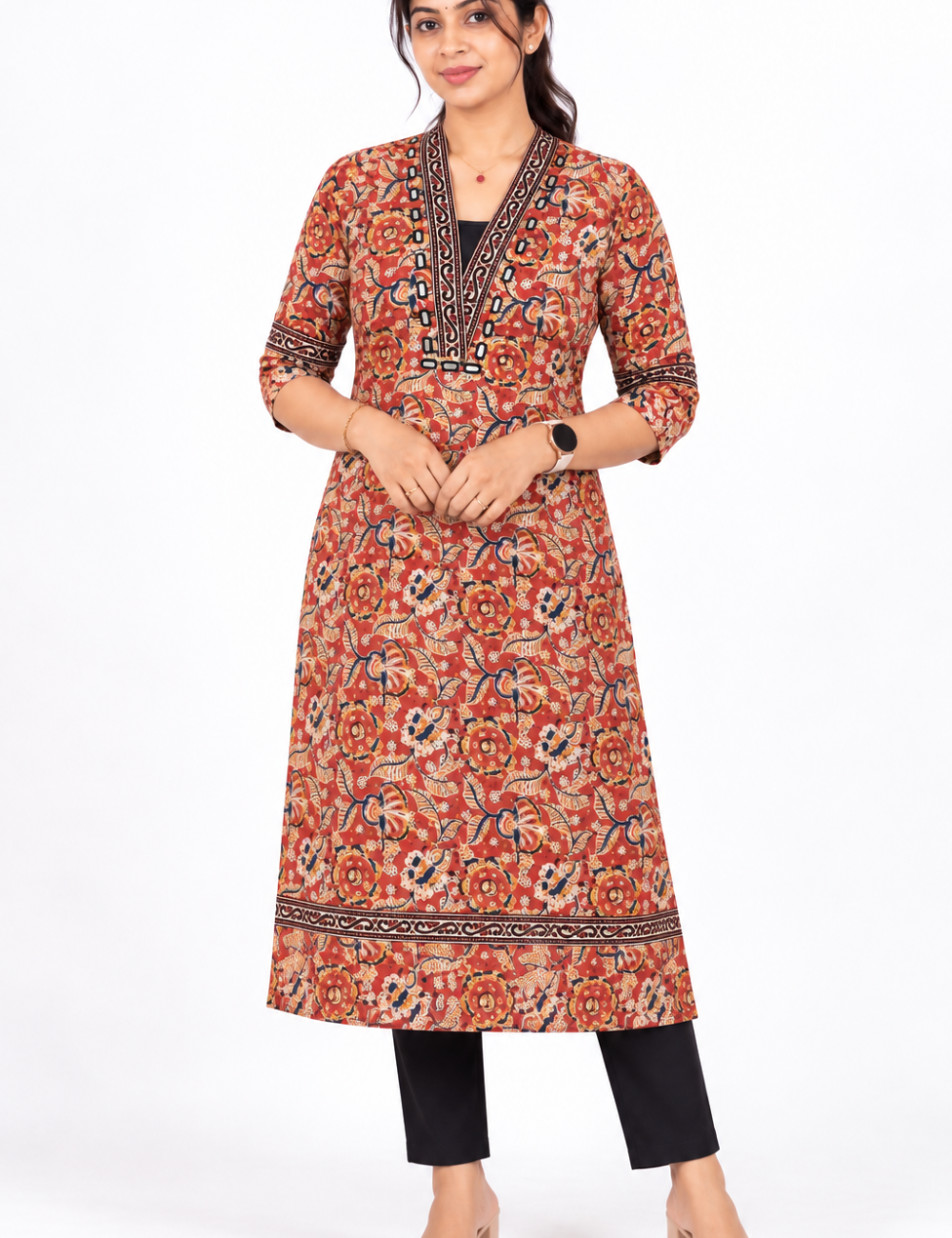 Red kalamkari kurti with mirror work