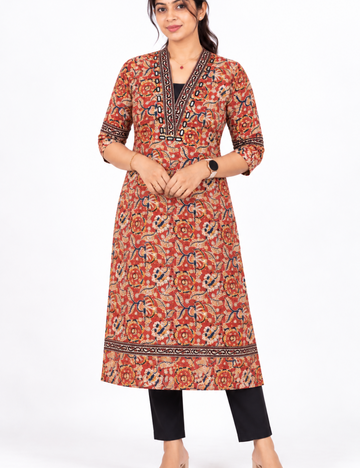 Red kalamkari kurti with mirror work