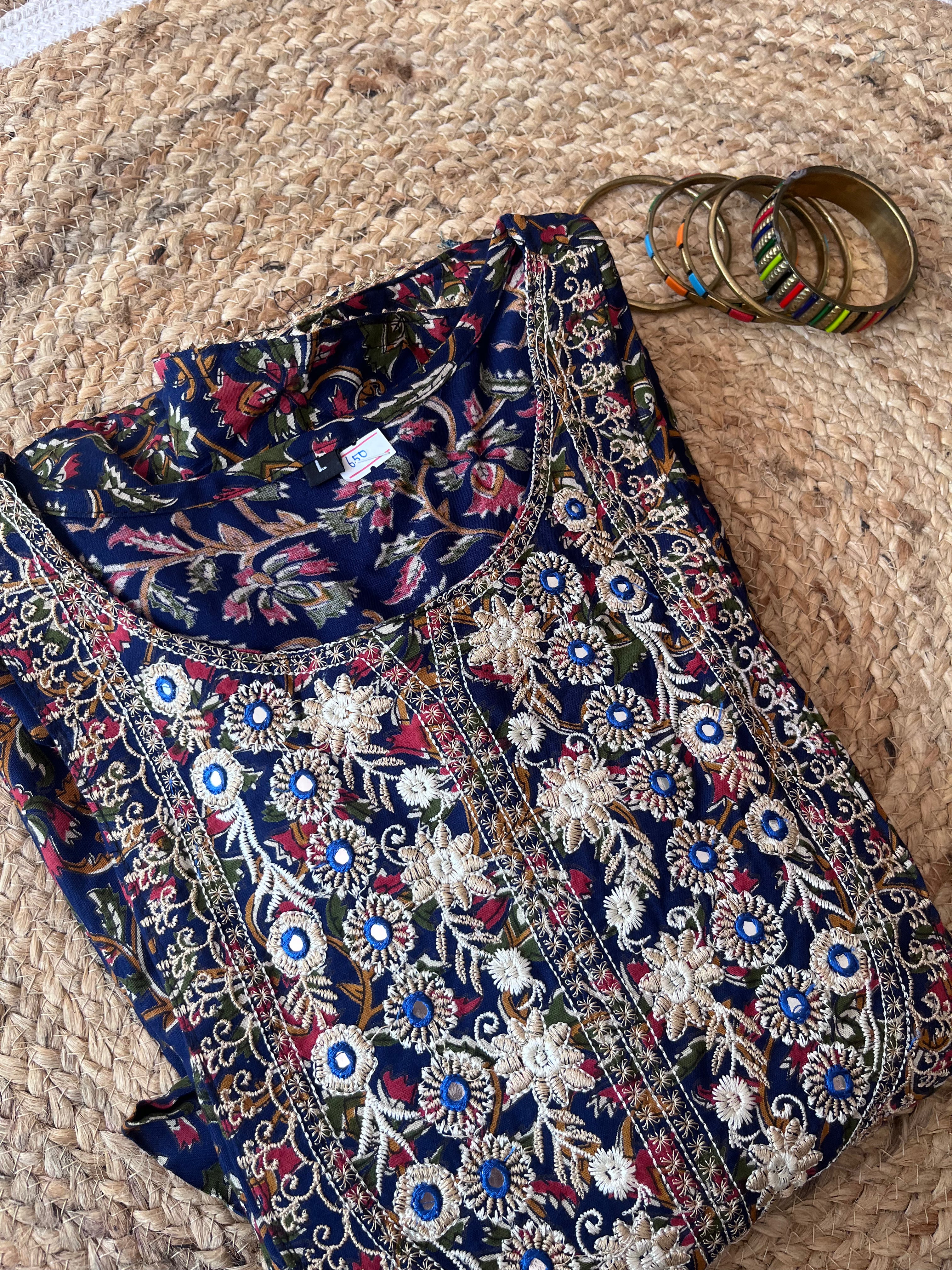 Kalamkari Anarkali Kurti- Dark blue with red