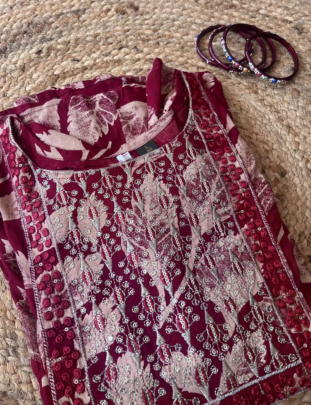 Deep Red With Yoke Work Cotton Umbrella Kurti