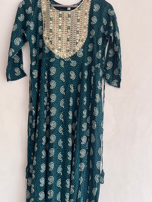 Green Yoke work Umbrella Kurti