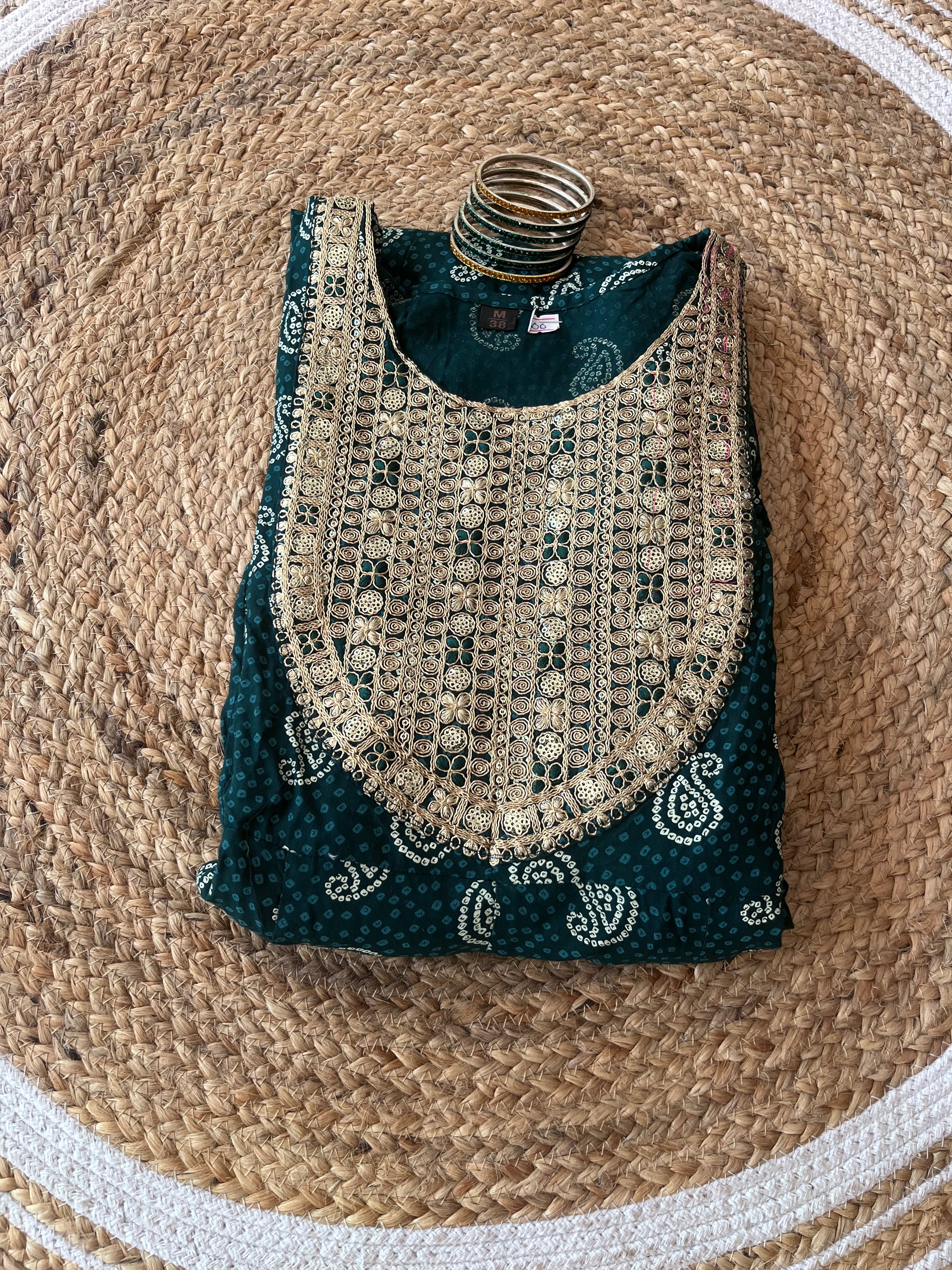 Green Yoke work Umbrella Kurti
