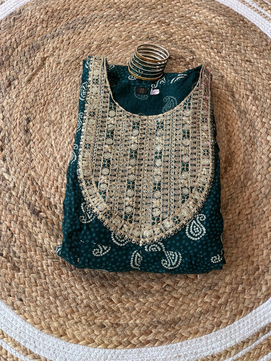 Green Yoke work Umbrella Kurti