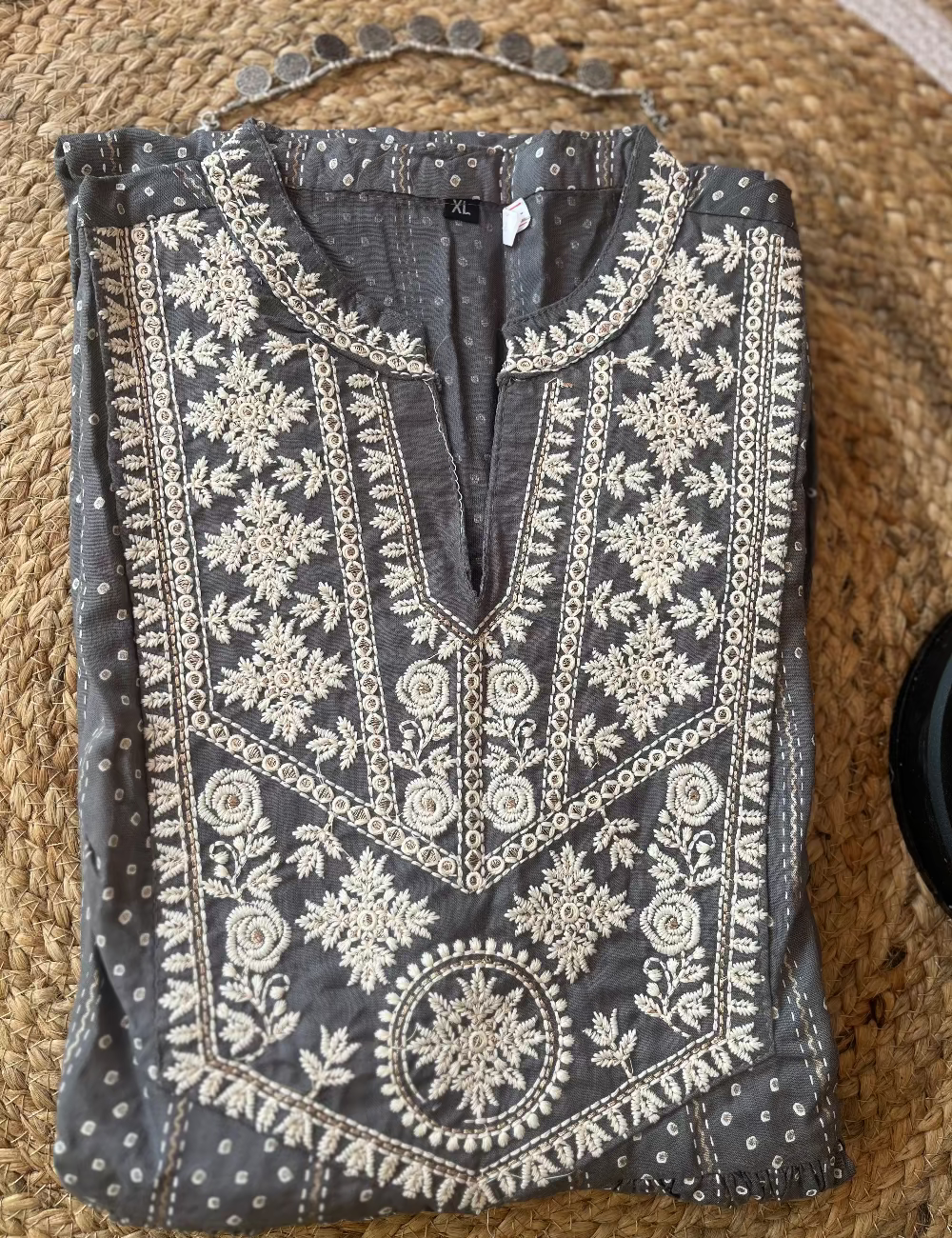 Grey and White Embroidered Rayon Cotton Anarkali Kurti