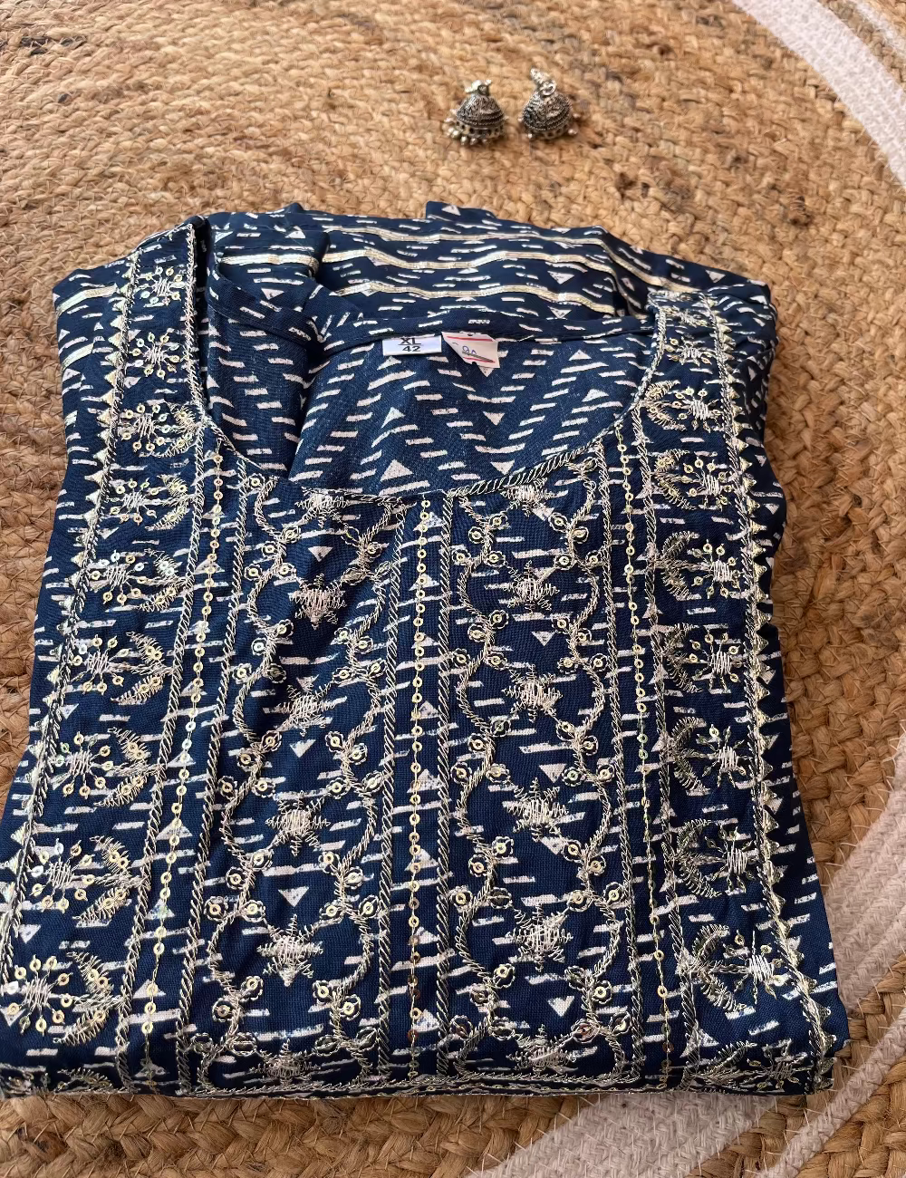 Blue Bandini Rayon Cotton Umbrella Kurti With Gotta Patti