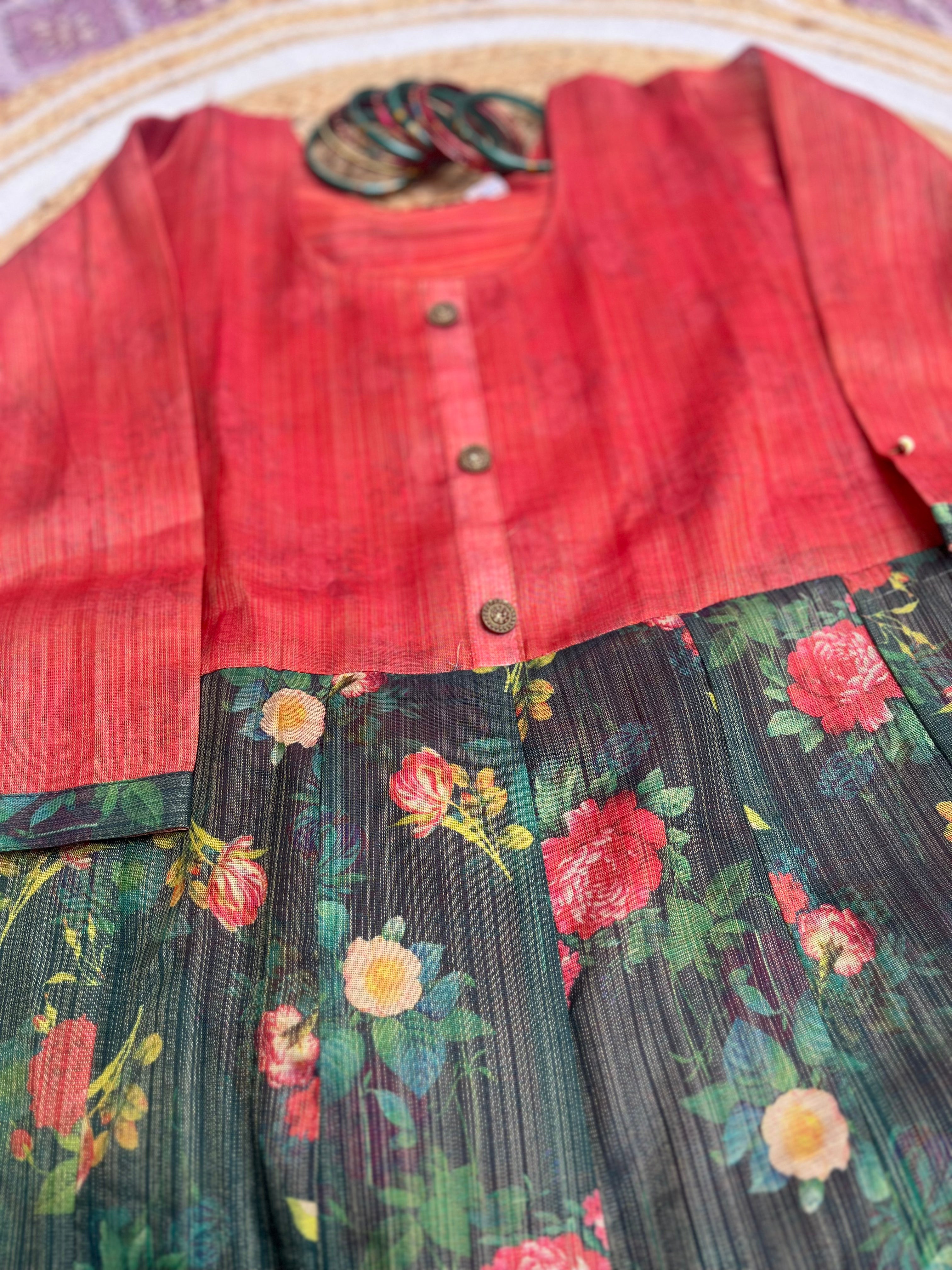 Red and Green Tissue Anarkali Kurti