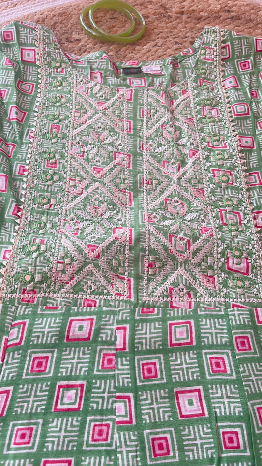 Light Green Cotton Umbrella kurti
