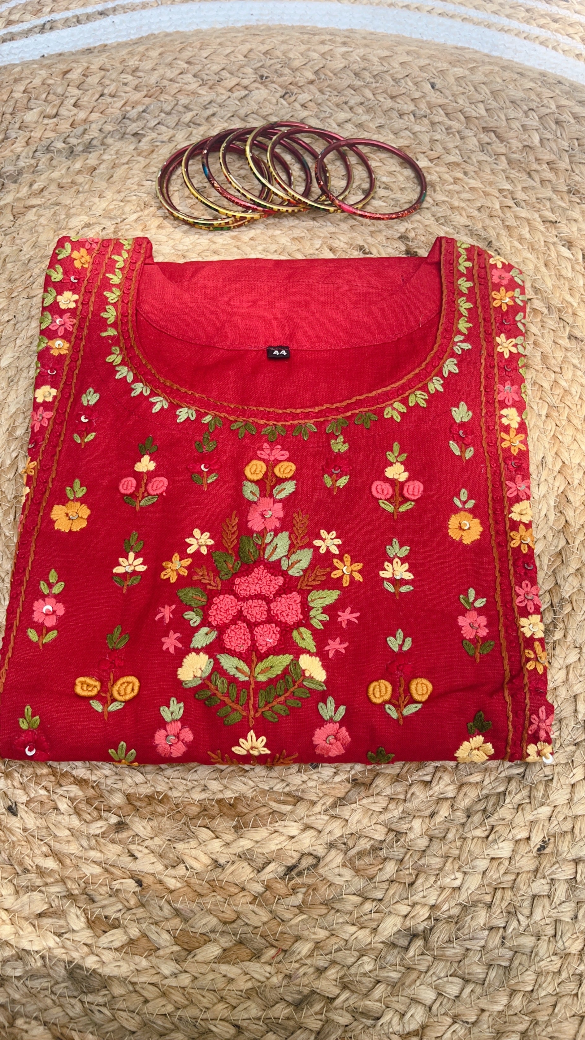 Red hand embroidered kurti
