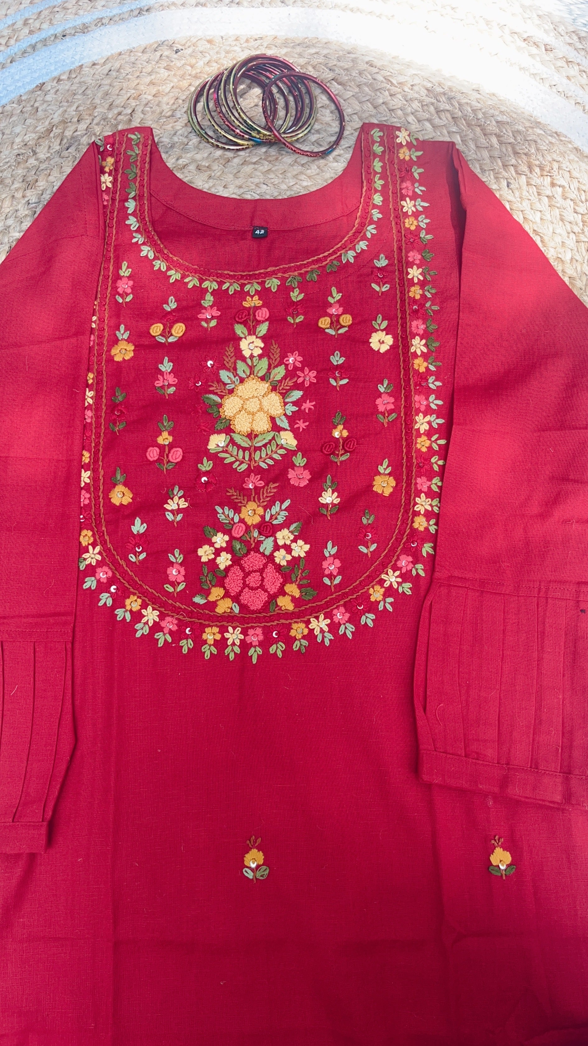 Red hand embroidered kurti