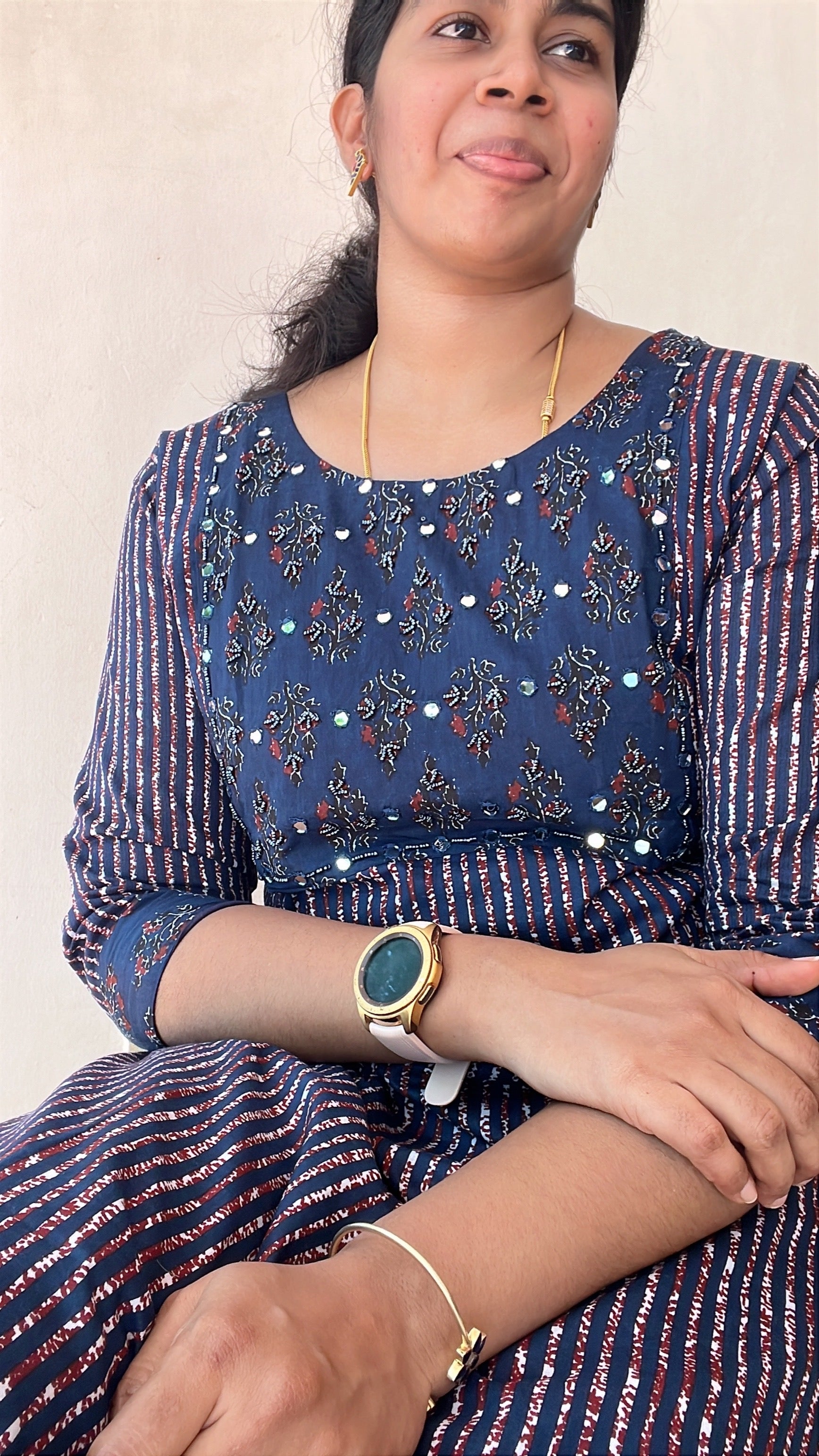 Blue Cotton Kurti with Heavy Yoke Work