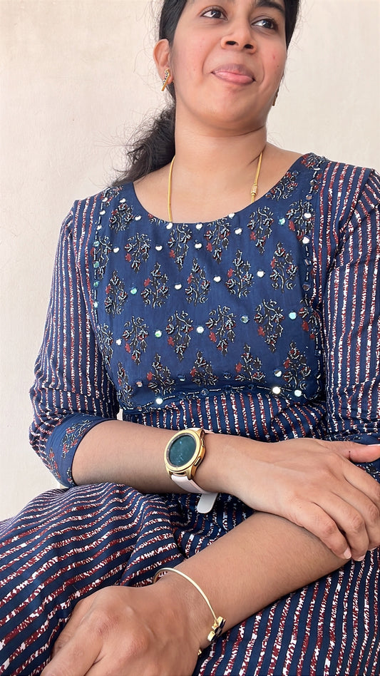 Blue Cotton Kurti with Heavy Yoke Work