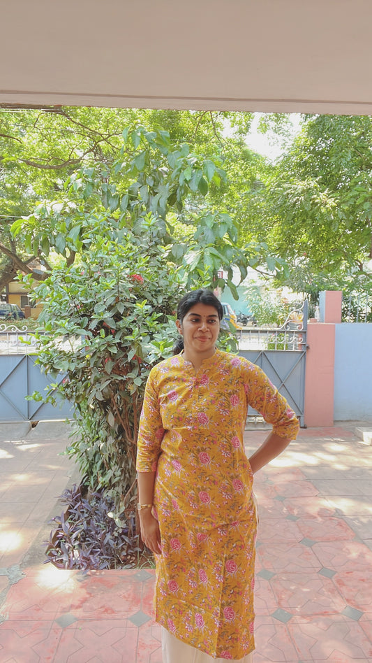 Yellow and Pink Floral Kurti