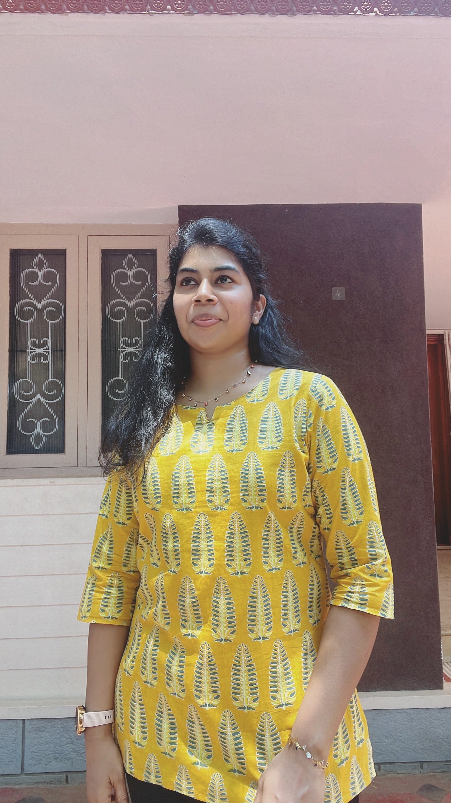 Yellow and Green Cotton Short Kurti