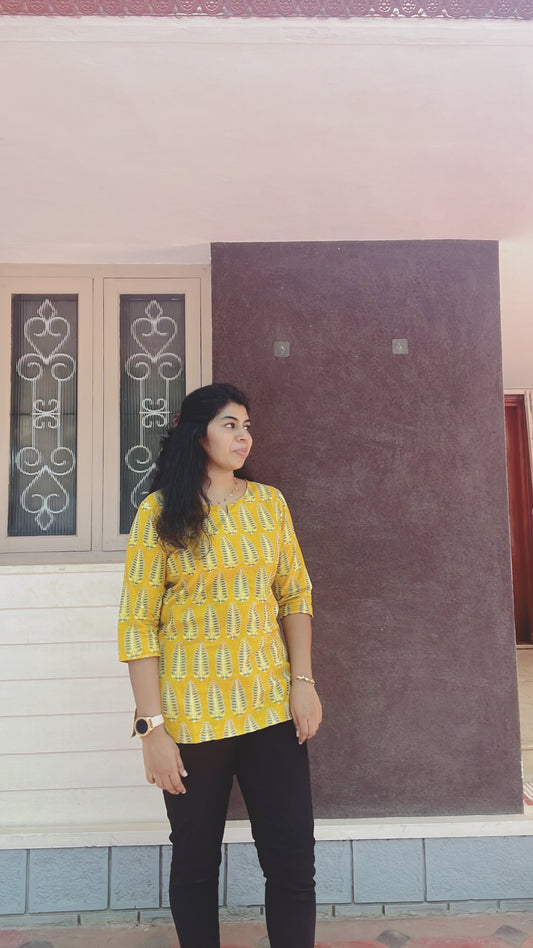 Yellow and Green Cotton Short Kurti