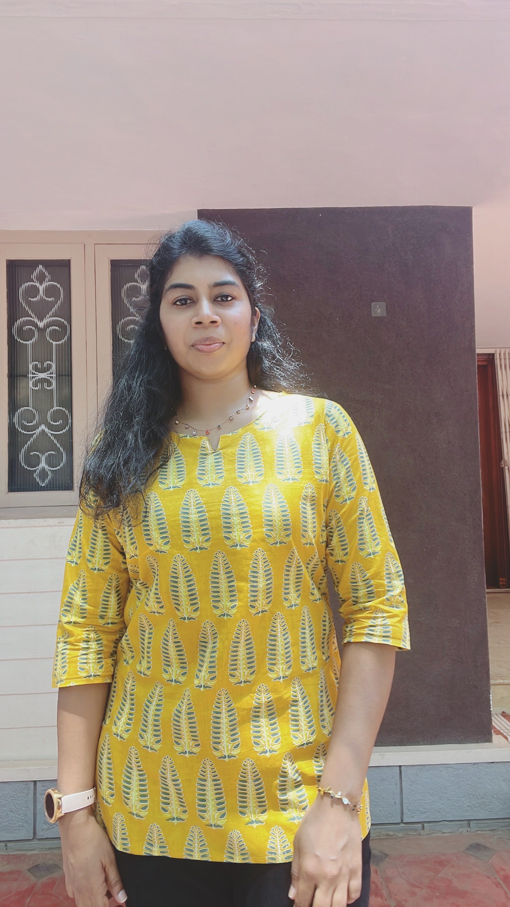 Yellow and Green Cotton Short Kurti