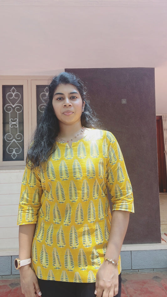 Yellow and Green Cotton Short Kurti