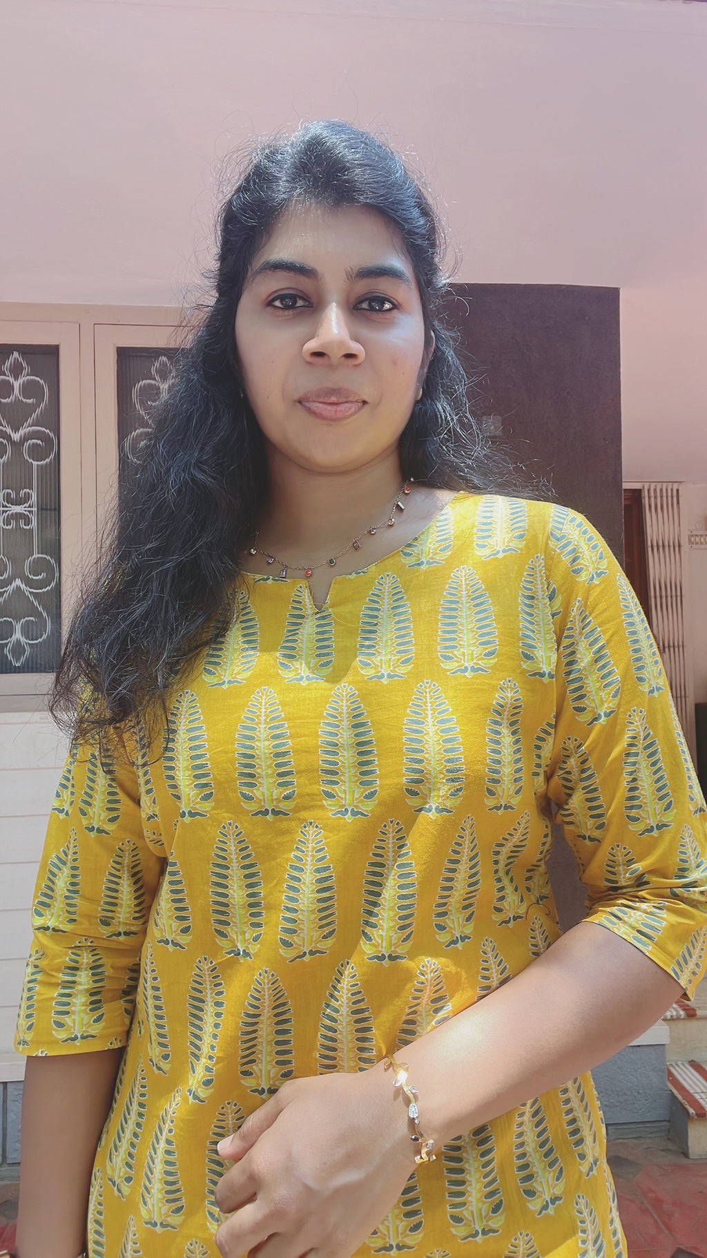 Yellow and Green Cotton Short Kurti