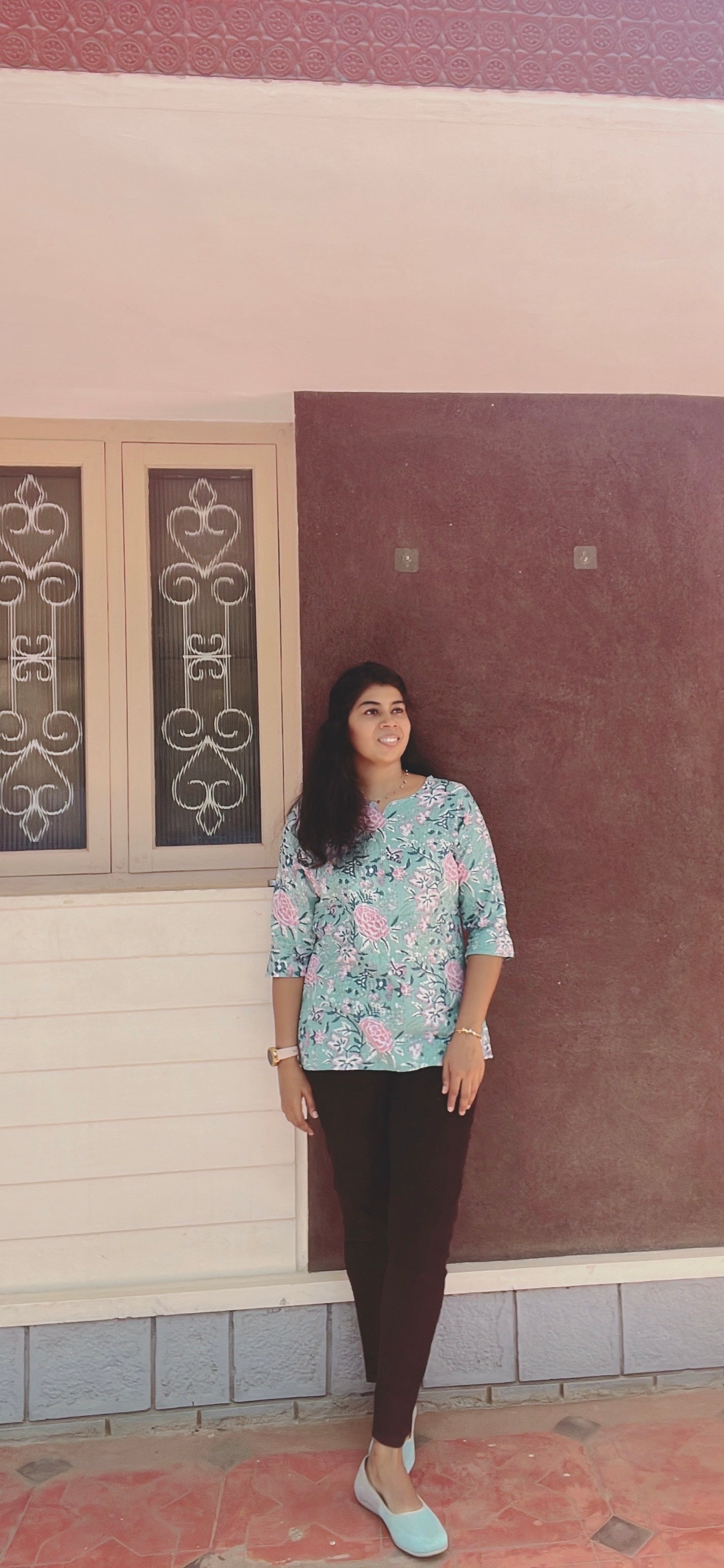 Light Blue with pink Cotton Short Kurti