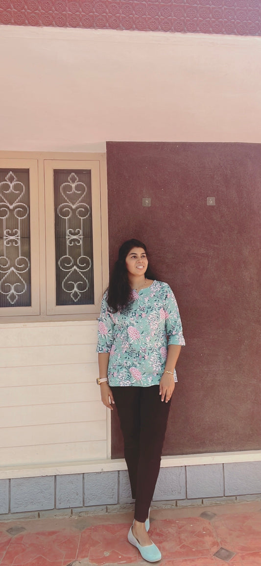 Light Blue with pink Cotton Short Kurti