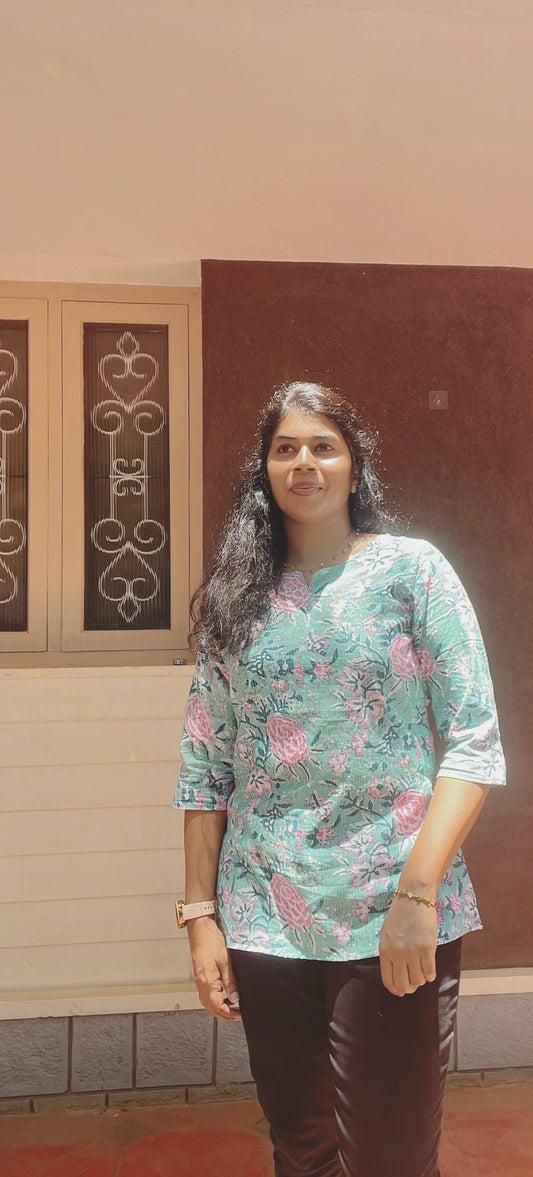Light Blue with pink Cotton Short Kurti
