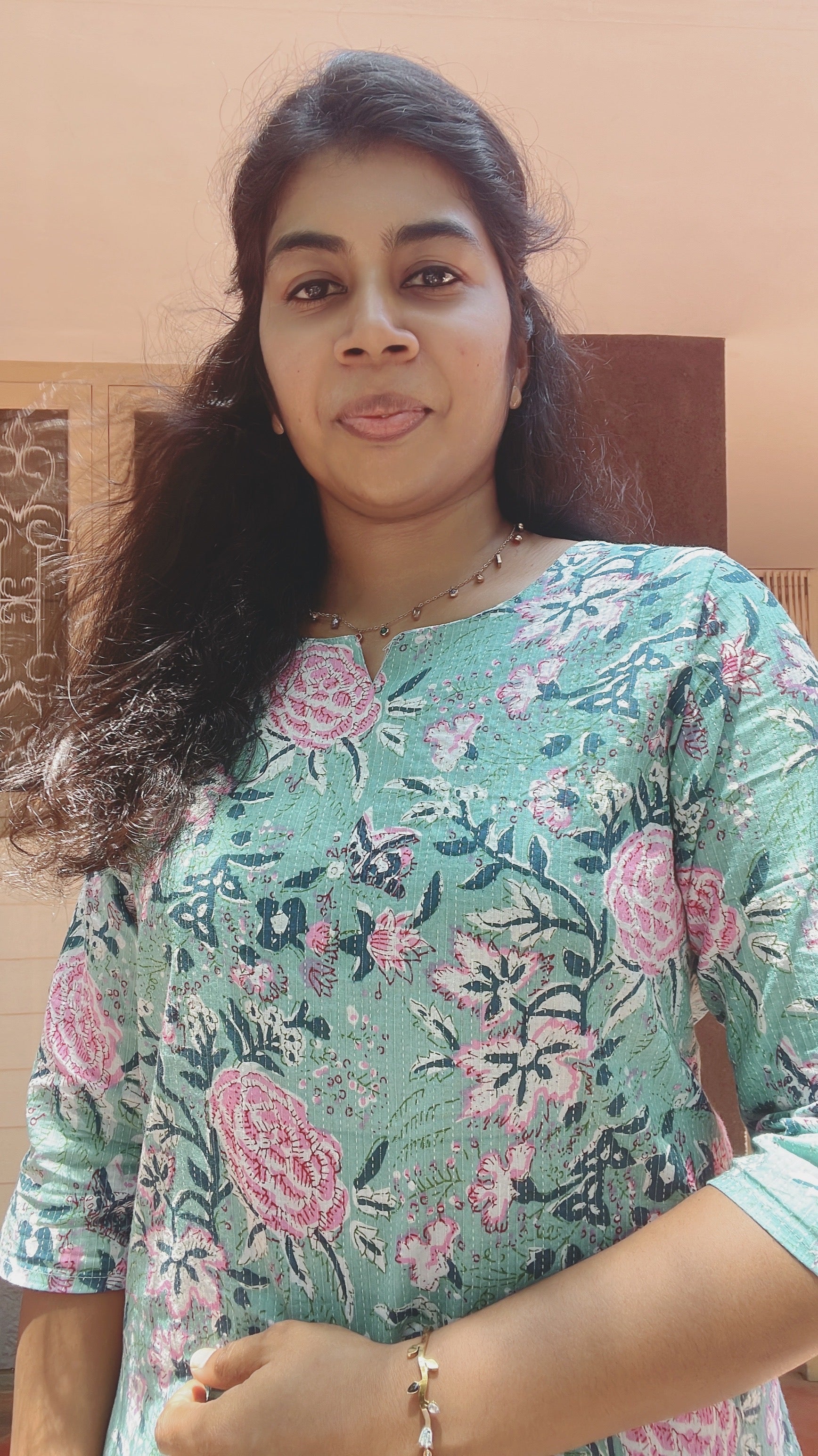 Light Blue with pink Cotton Short Kurti