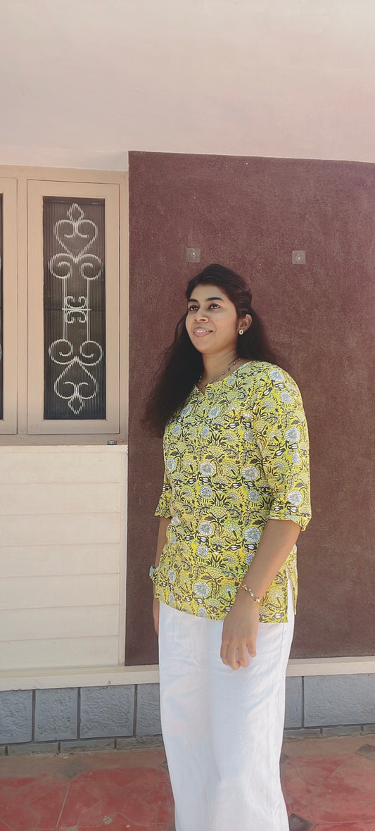 Lemon Yellow Cotton Short Kurti