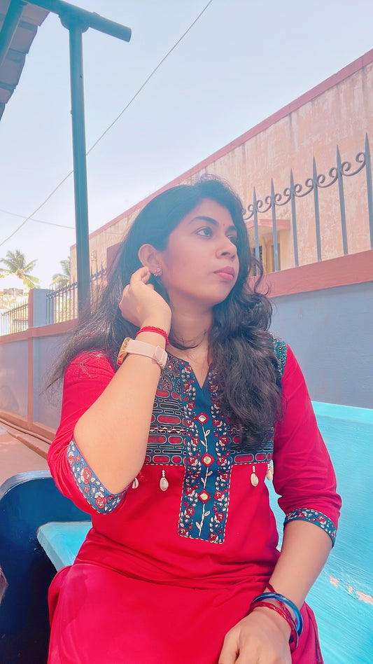 Red and Blue  Mirror Work Suit Set