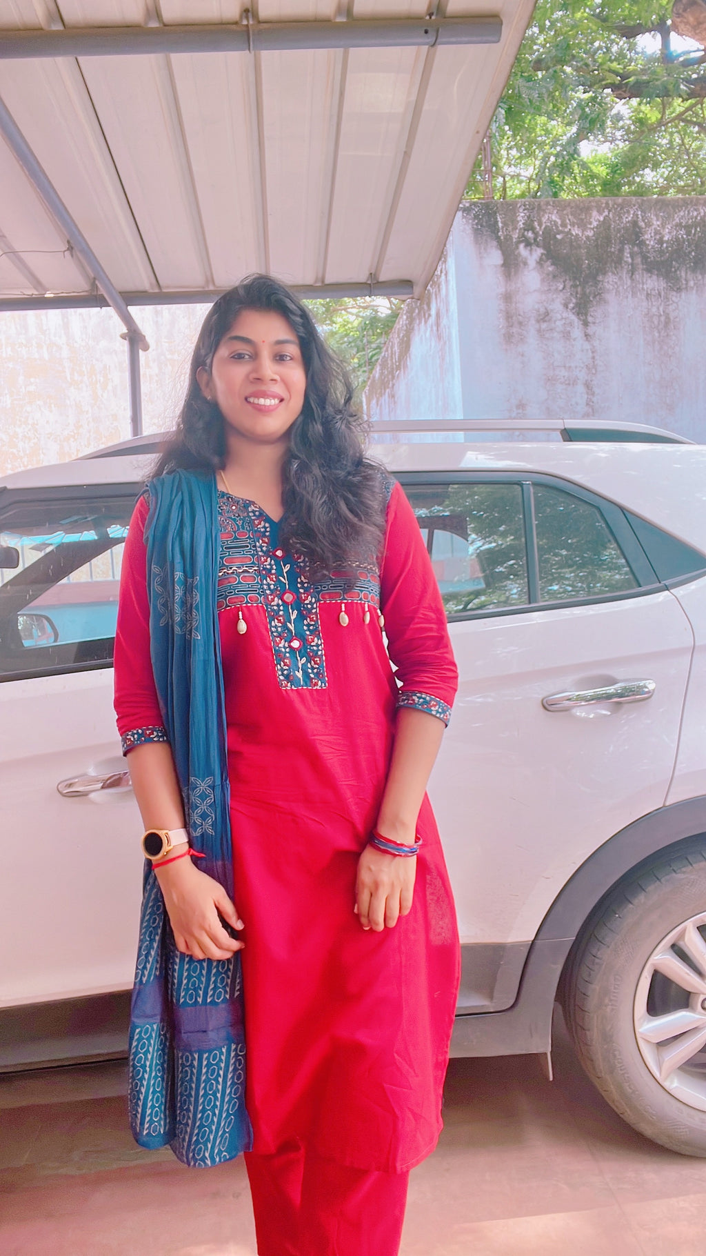 Red and Blue  Mirror Work Suit Set