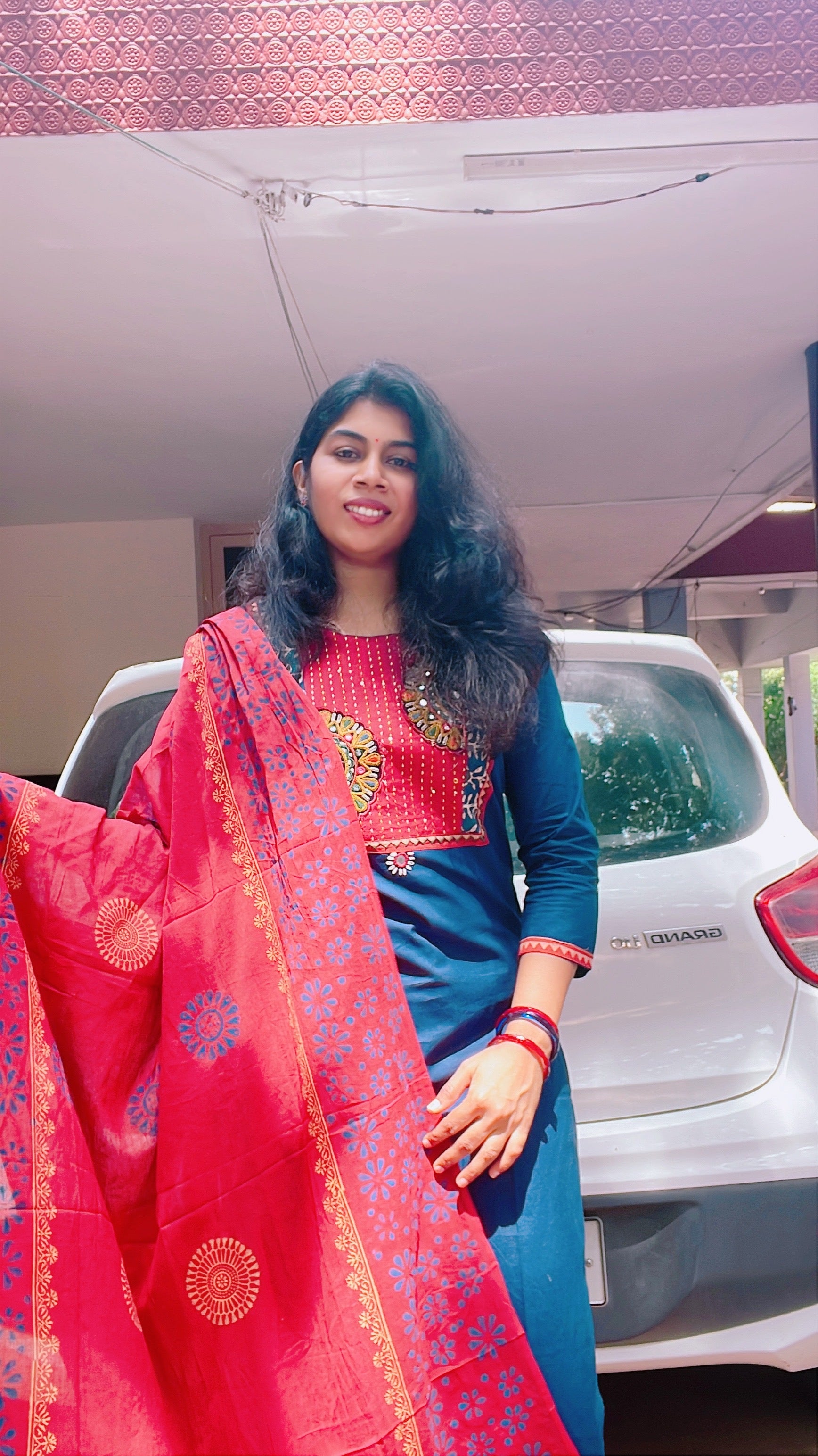 Blue and Red Gamthi Cotton Suit Set