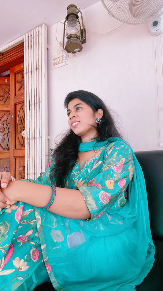Teal Blue Chanderi Silk Suit Set