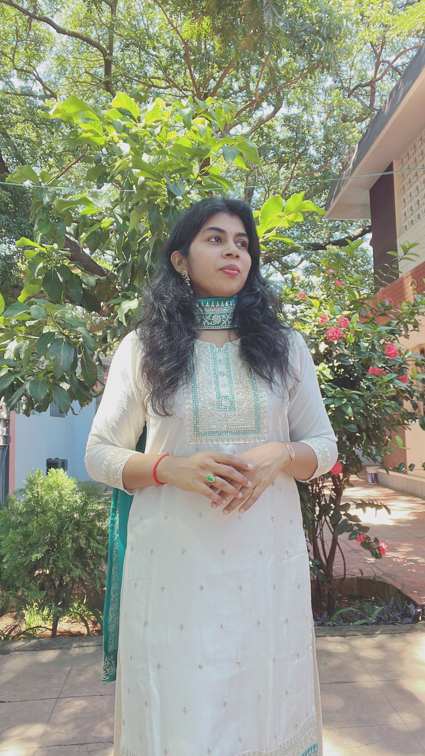 White and Teal Blue Silk Suit Set