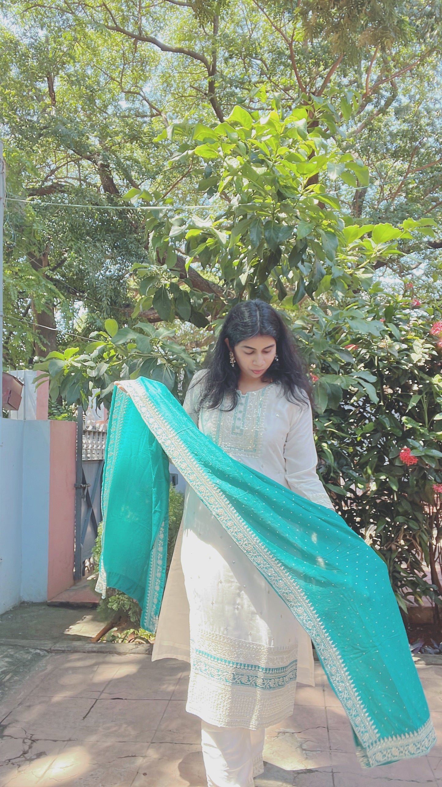 White and Teal Blue Silk Suit Set