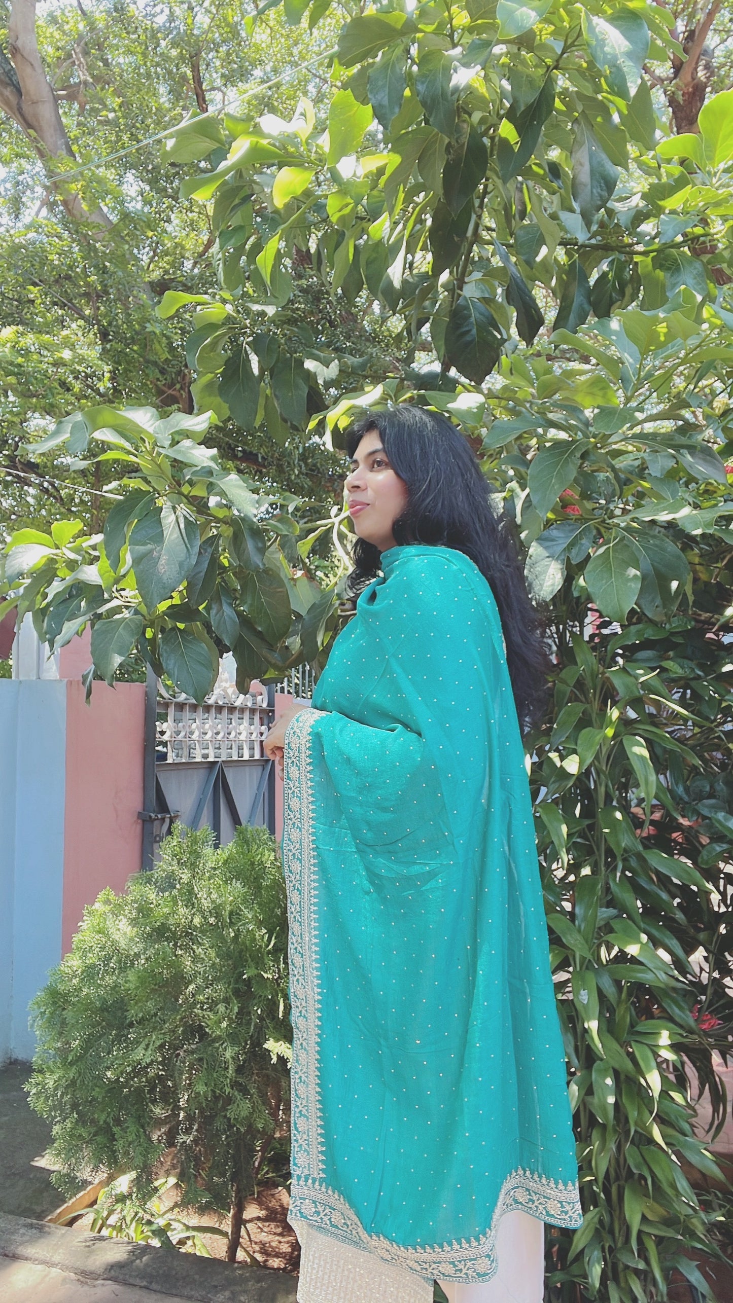 White and Teal Blue Silk Suit Set