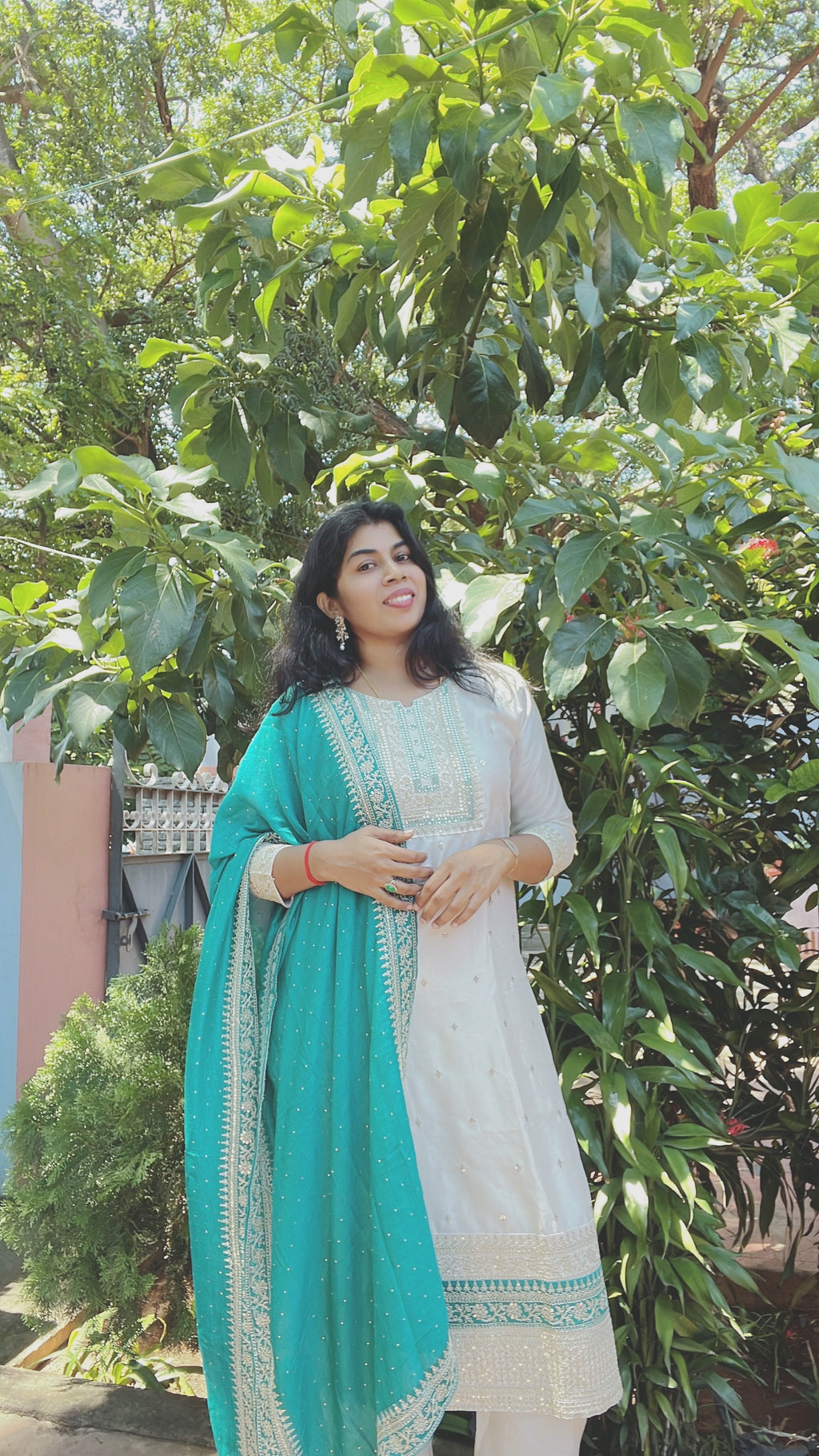 White and Teal Blue Silk Suit Set